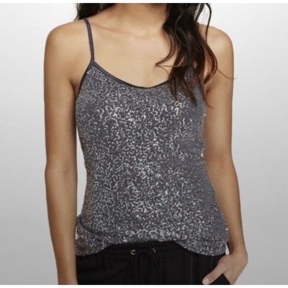 Express Gray Silver Sequin Metallic Cami Tank Top Sz L Party Y2K Clubwear Glam